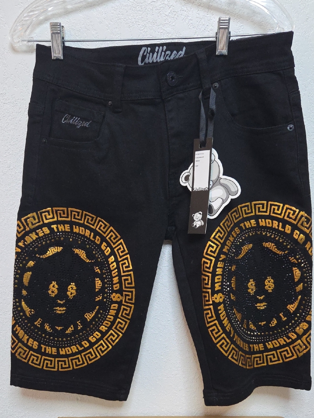 Cultized Black Shorts with Gold Medallion Embroidery